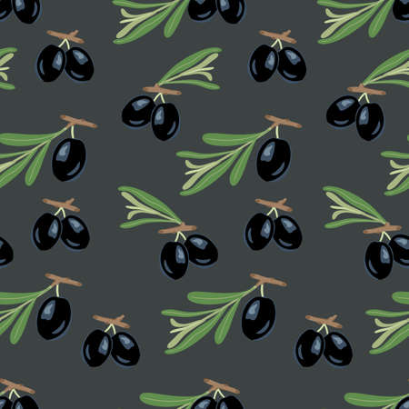 Olives on a branch pattern on a dark green background. For use on textiles, packaging paper, souvenirs, printing, posters, postcards. Vector illustration.のイラスト素材