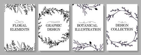 Minimalist design of the wedding invitation card template, floral floral print in the style of a black line. Postcards, templates, festive decoration.のイラスト素材