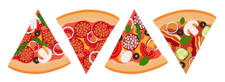 A slice of pizza set of 4 pieces with salami onions tomatoes and olives. Vector illustration. A concept for stickers, posters, postcards, websitesのイラスト素材
