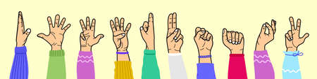 Hands with different gestures and different colors of the net. For use on textiles, packaging paper, souvenirs, printing, posters, postcards. Vector illustration.のイラスト素材