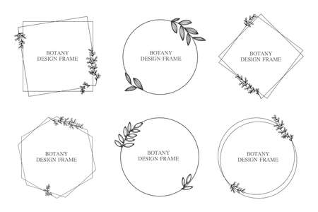 Set geometric flower wreath with leaves and branches. Botany round frame isolated on white background. For wedding invitations, postcards, posters, labels of cosmetics and perfumes.のイラスト素材