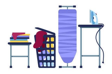 Laundry room. Washing in the washing machine. Ironing of linen.のイラスト素材