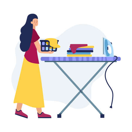 Happy woman laundry room. Washing in the washing machine.のイラスト素材