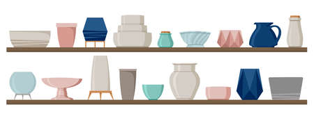 Ceramic tableware on the shelf set.のイラスト素材