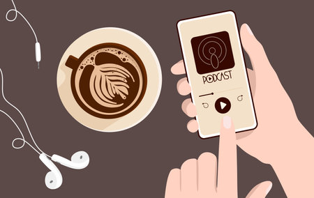 Podcast concept. An illustration about the podcast. A girl talking into a microphone and sitting at a table. Flat vector in a fashionableのイラスト素材