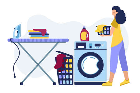 Happy woman laundry room. Washing in the washing machine.のイラスト素材