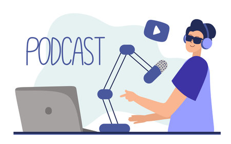 Podcast concept. An illustration about the podcast. A men talking into a microphone and sitting at a table. Flat vector in a fashionableのイラスト素材