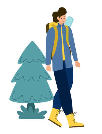 Tourists people group of men hiking. Men on a hike with backpacks. Travelers hiking adventures.のイラスト素材