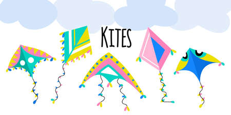 Colorful kites set on a white isolated background with clouds.のイラスト素材