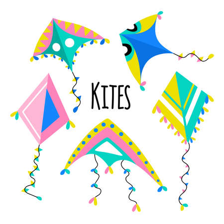 Colorful kites set on a white isolated background with clouds.のイラスト素材