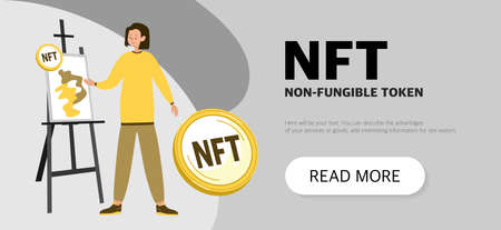 NFT Non-fungible token on golden coin icon. The artist at the virtual painting. Website page template. Vector illustration.のイラスト素材