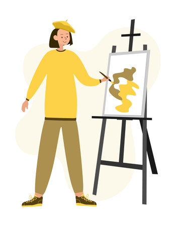 An artist in a beret with a brush at an easel. Creativity and art.のイラスト素材