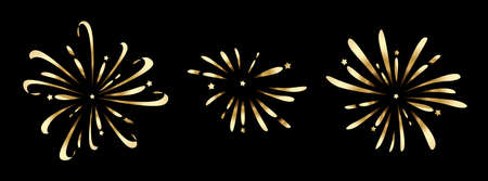Fireworks are golden on a black background. A set of festive fireworks. Vector illustration.のイラスト素材
