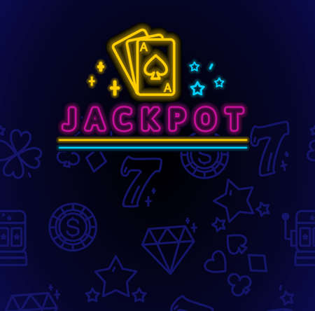Neon casino banner. The inscription is a jackpot sign. Neon-style templates. Vector illustration in doodle style.のイラスト素材