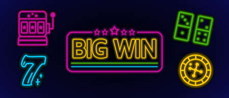 Neon casino icons. The inscription is a big win. Neon-style templates. Vector illustration in doodle style.のイラスト素材