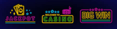 Neon casino icons. Neon casino sign. Neon-style templates. Vector illustration in doodle style.のイラスト素材