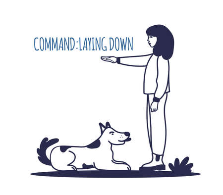 Dog training. The pet executes the command to lie down. The training process. A simple icon, symbol, sign. Editable vector illustration isolated on a white backgroundのイラスト素材