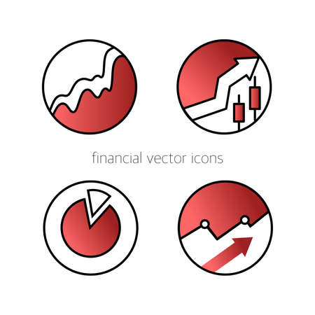 A set of icons for graphs and diagrams in a vector. Analytics and financial symbols are red. Vector illustration in the style of linesのイラスト素材