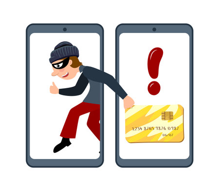 Online fraud. A criminal, a robber in a black mask steal personal information from a computer. The concept of internet activity or security hacking. Cartoon vectorのイラスト素材