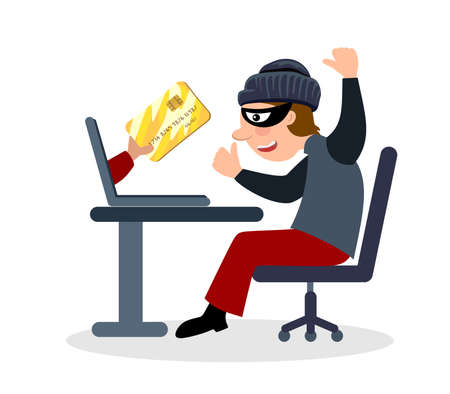 Online fraud. A criminal, a robber in a black mask steal personal information from a computer. The concept of internet activity or security hacking. Cartoon vectorのイラスト素材