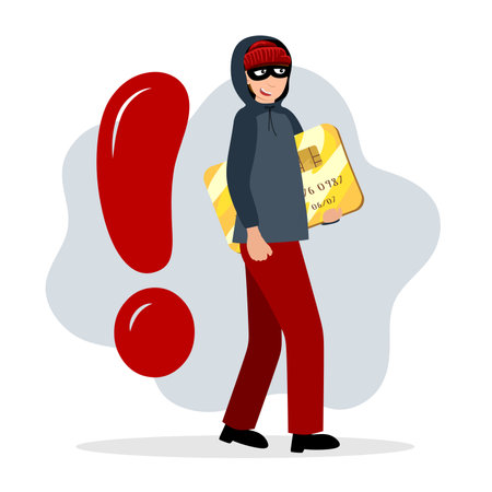 Online fraud. Cyber thief steals money, credit card details. Flat vector cartoonのイラスト素材