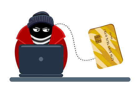 Online fraud. A criminal, a robber in a black mask steal personal information from a computer. The concept of internet activity or security hacking. Cartoon vectorのイラスト素材