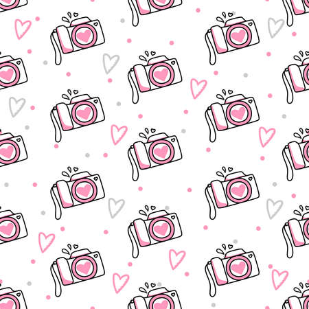 Seamless pattern of cameras and hearts on a white background. Use on Valentines Day on textiles, wrapping paper, backgrounds, souvenirs. Vectorのイラスト素材