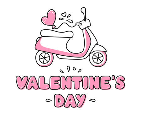 Calligraphic inscription happy Valentines Day with a moped, highlighted on a white background. Use on Valentines Day on textiles, wrapping paper, backgrounds, souvenirs. Vectorのイラスト素材