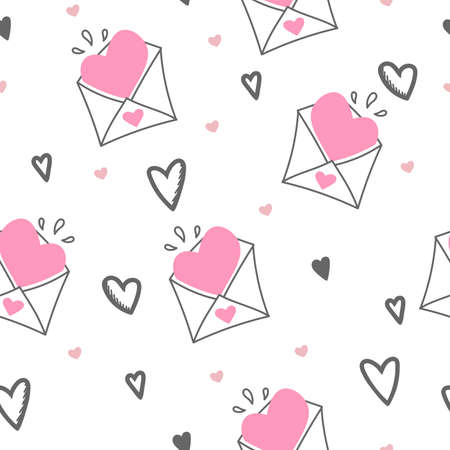 Seamless pattern of Valentine envelopes on a white background. Use on Valentines Day on textiles, wrapping paper, backgrounds, souvenirs. Vectorのイラスト素材