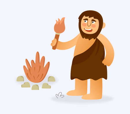 Primitive man with a torch by the fire. The Stone Age. Vector illustrationのイラスト素材