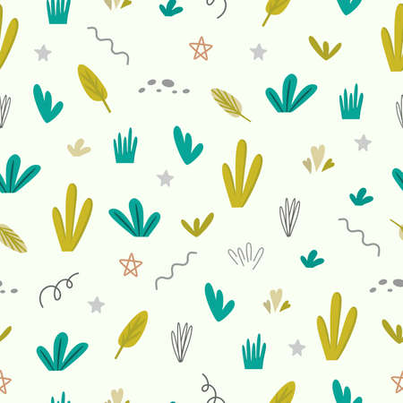 Seamless pattern with leaf branches, blades of grass, shapes, flowers highlighted on a beige background. For textiles, packaging paper, posters, backgrounds, decoration of childrens parties. Vector illustration of EPS10のイラスト素材