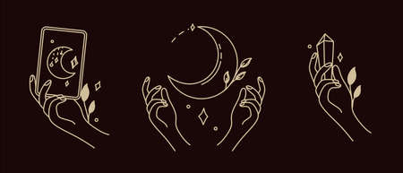 Magical symbols set of doodles esoteric boho mystical hand-drawn elements stone crystals. In gold color on a black background. magical vectorのイラスト素材