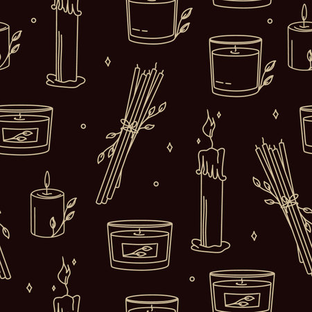 Pattern with magical symbols of boho esotericism mystical hand-drawn elements stone crystals. In gold color on a black background. magical vectorのイラスト素材