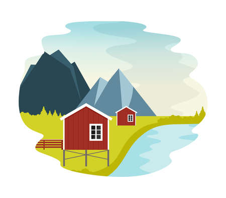 Village in the mountains landscape of the northern mountain valley with red houses. Rest in a mountain village on the shore of a lake and a river. Vector illustration in a flat style.のイラスト素材