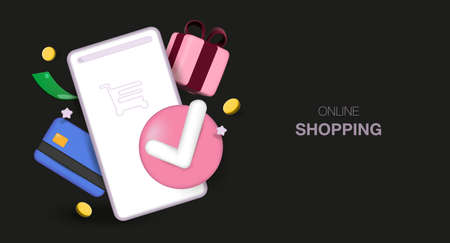 Online shopping. Online shopping 3d design mobile apps. For web banners and posters. Vector illustration realisticの写真素材