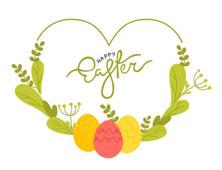 Heart frame with willow tulips and Easter eggs. Vector illustration in a flat style isolated on white backgroundのイラスト素材