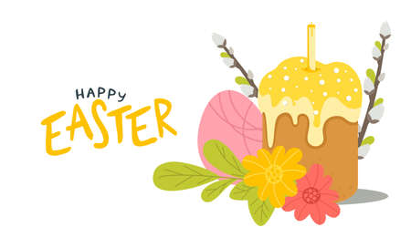 Postcard poster for the Happy Easter holiday with eggs, flowers, willow and other attributes. Vector...