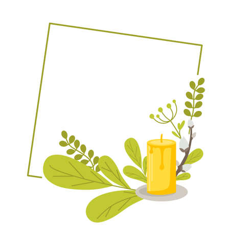 Square geometric frame with willow tulips and leaves. Vector illustration in a flat style isolated on white backgroundのイラスト素材