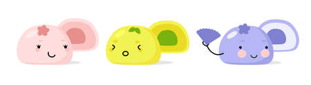 Mochi character design. Japanese cartoon desserts. vector illustration in a flatのイラスト素材