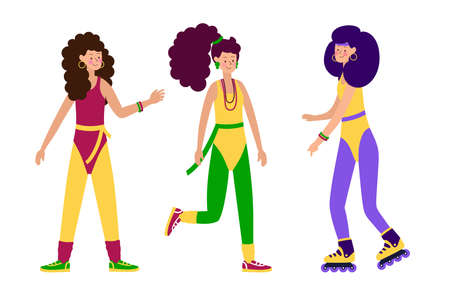 Happy Young Characters girls in Fashionable clothes leggings and swimsuits and hairstyles of the 80s-90s Stylish Retro Women's party. Vector Illustration Of Cartoonのイラスト素材