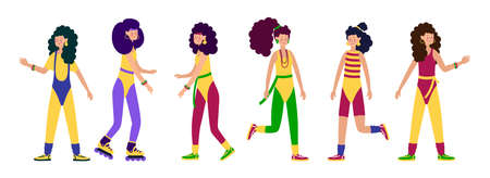 Happy Young Characters girls in Fashionable clothes leggings and swimsuits and hairstyles of the 80s-90s Stylish Retro Women's party. vector illustrationのイラスト素材
