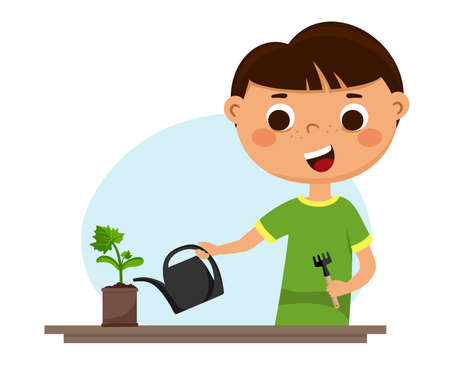 A cute boy is watering young plants. Children and a vegetable garden on the window. Vector illustration isolated on a white backgroundのイラスト素材