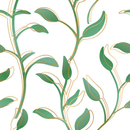 Stylish pattern of green leaves with a golden outline on a white background for wedding invitations postcardsのイラスト素材