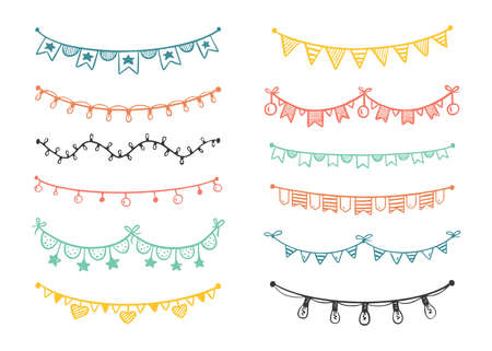 Festive garland painted in doodle style multicolored isolated on a white background Vector illustration for birthday festival carnival holidayのイラスト素材