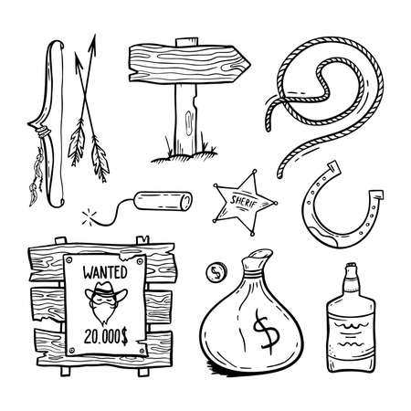 Wild West set Hand-drawn in doodle style Good for printing Symbol of Western Concept Isolated vectorのイラスト素材