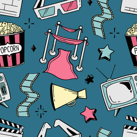 Doodle seamless pattern cinema flapping board film popcorn 3d glasses loudspeaker Vector illustration in doodle style isolated on blueのイラスト素材