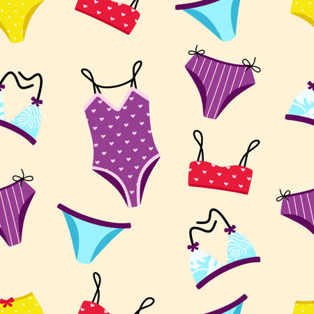 Seamless pattern with swimwear and bikinis on beige background Vector illustration in flat styleのイラスト素材