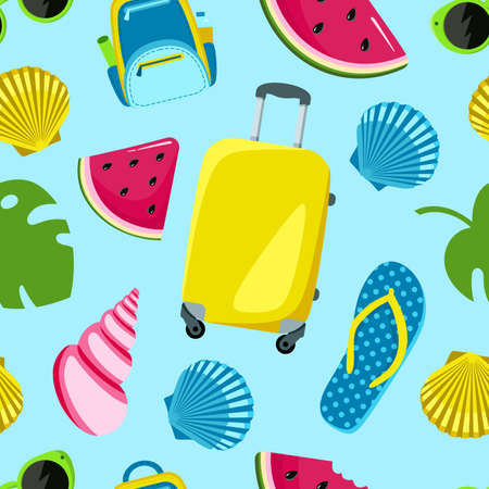 Seamless summer pattern with ice cream watermelon on a blue background Vector illustration in a flat...