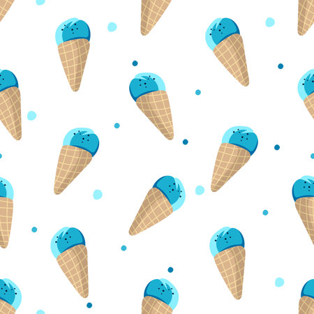 Seamless pattern with ice cream in a cone on a white background Vector illustration in a flat styleのイラスト素材