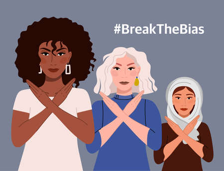 Break the bias. A group of women of different nationalities. Vector illustration of the Movement against Discrimination and Inequality Vector illustrationのイラスト素材